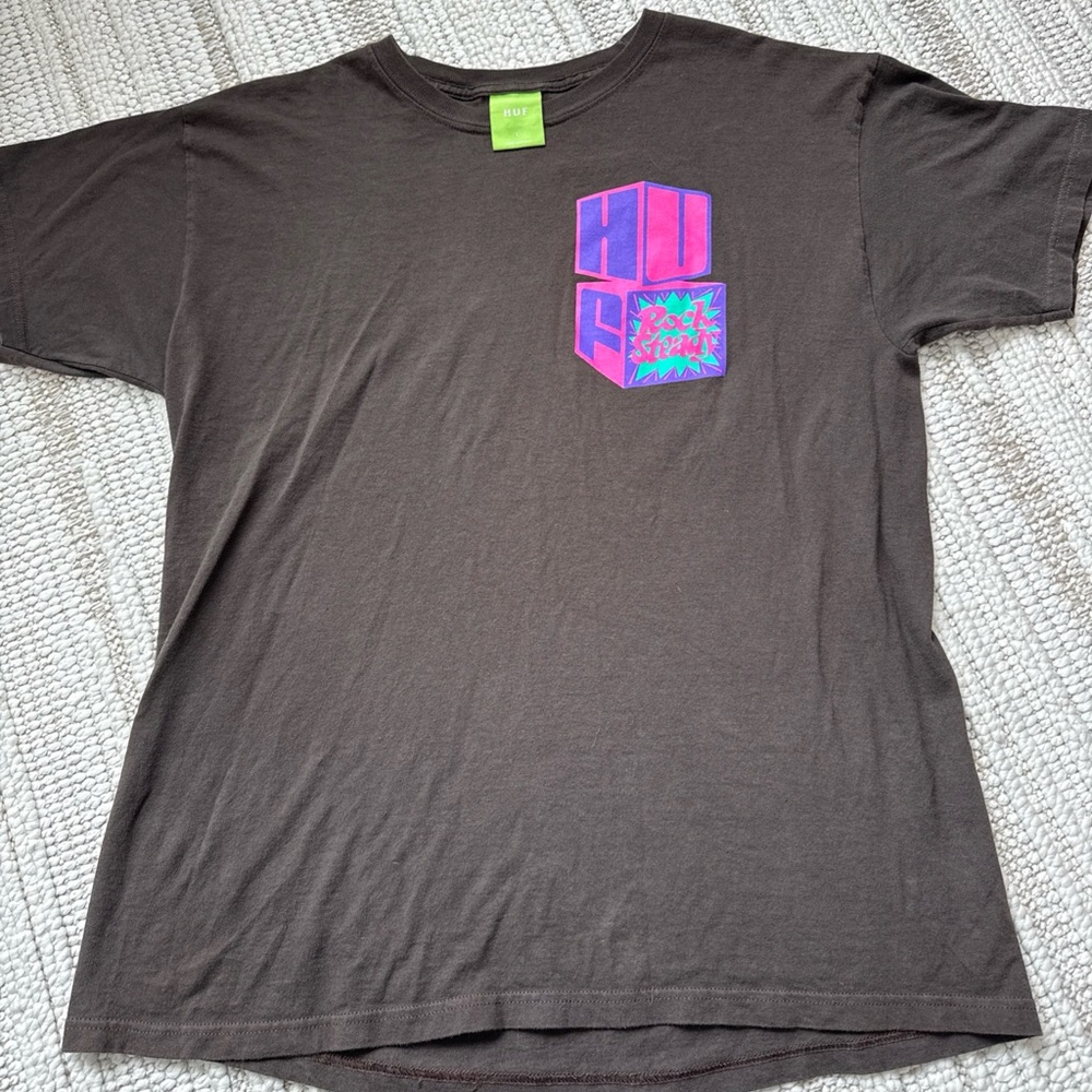 HUF Men's Large Brown Graphic T Shirt Short Sleeve - Rock Steady Chocolate